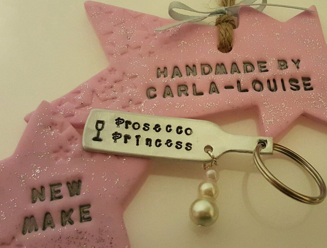 Prosecco Princess Handstamped Keyring